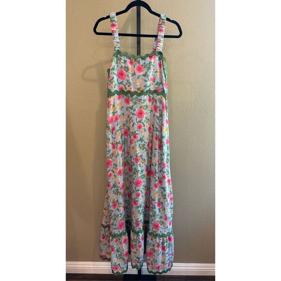 Size S Easel Los Angeles Blue Floral Contrast Wavy Trim Maxi Dress - Picture 3 of 8